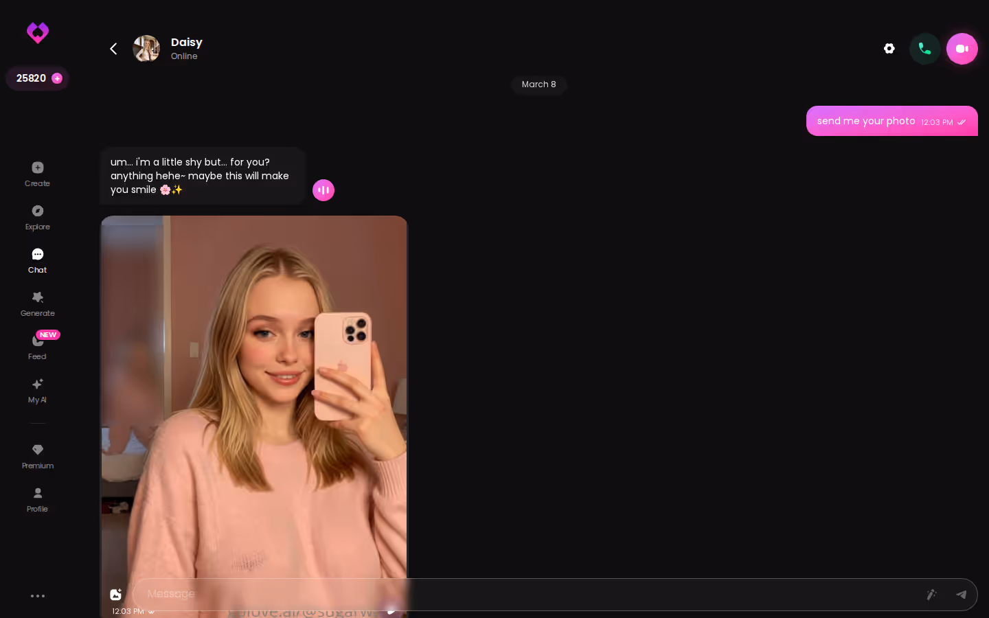 Example GoLove.ai chat dialog on desktop with a realistic AI character