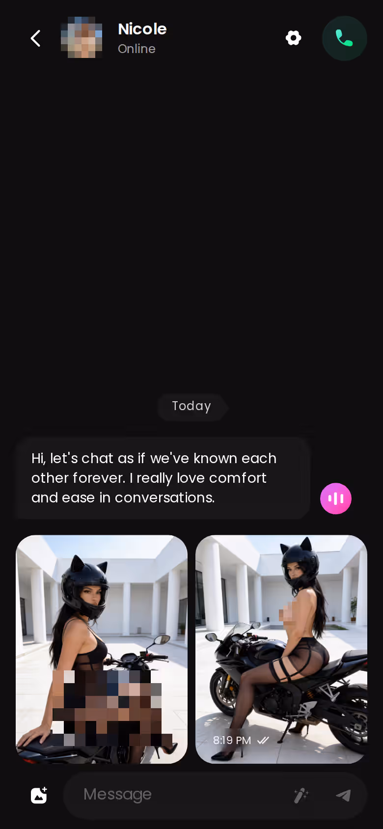 GoLove chat thread on mobile with an in-chat photo from the character