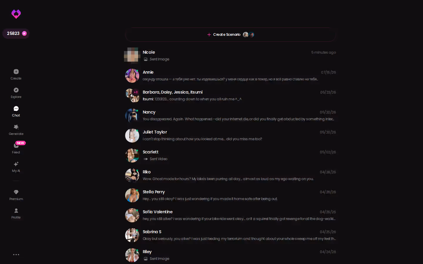 GoLove.ai chats inbox with several active conversations — best porn series