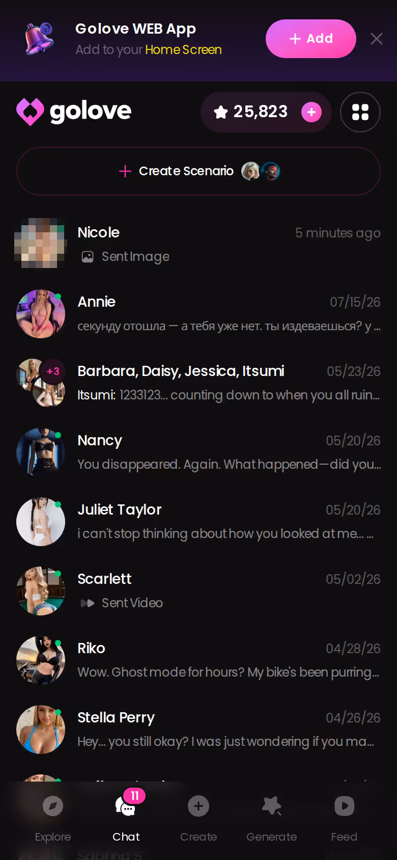 GoLove mobile chats list showing the character roster you keep after watching