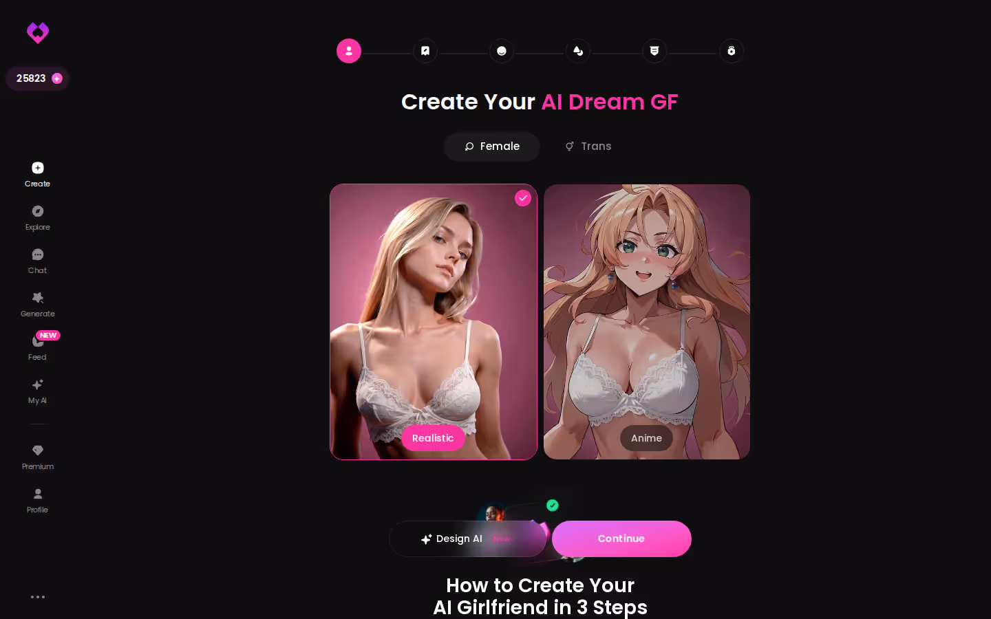 GoLove.ai Create wizard — Female or Trans, Realistic or Anime pick — porn soap