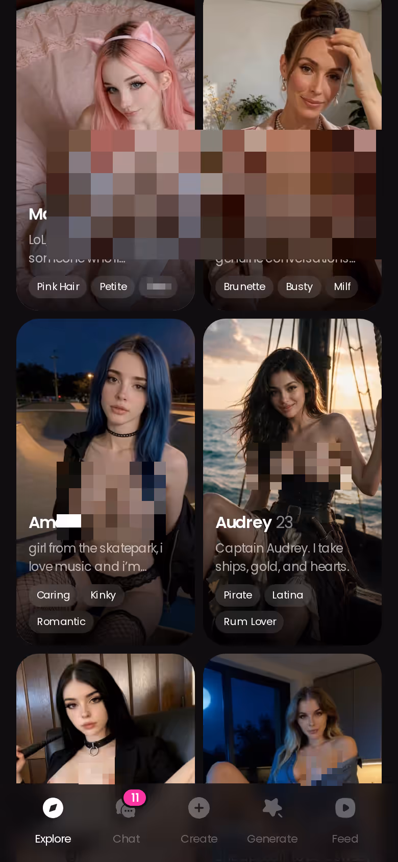 More of the mobile GoLove.ai Explore character grid — xxx series