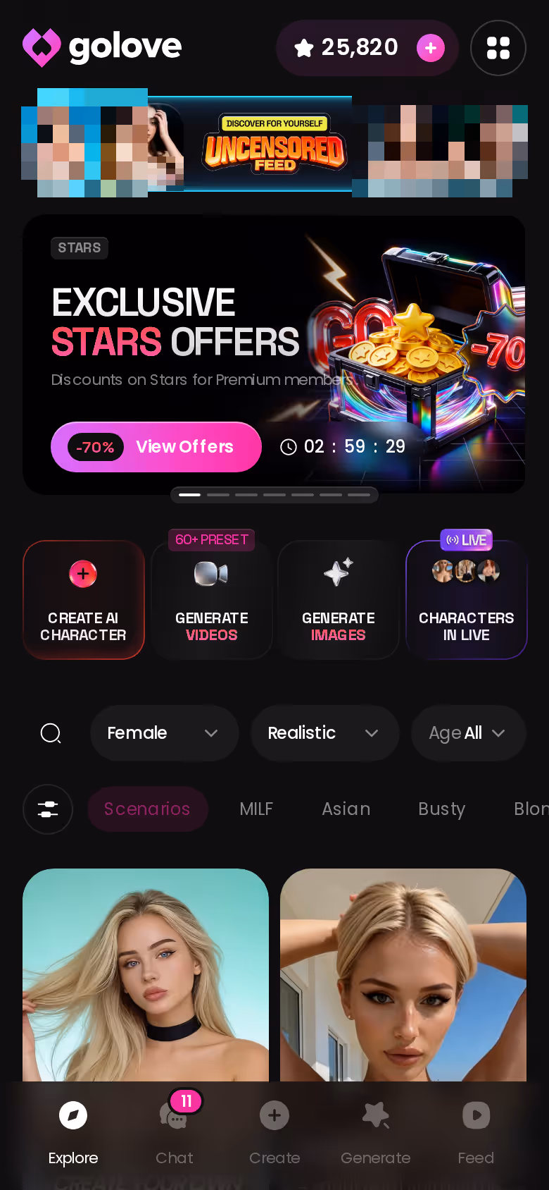 GoLove mobile Explore view with promo banners, tag chips and the character grid