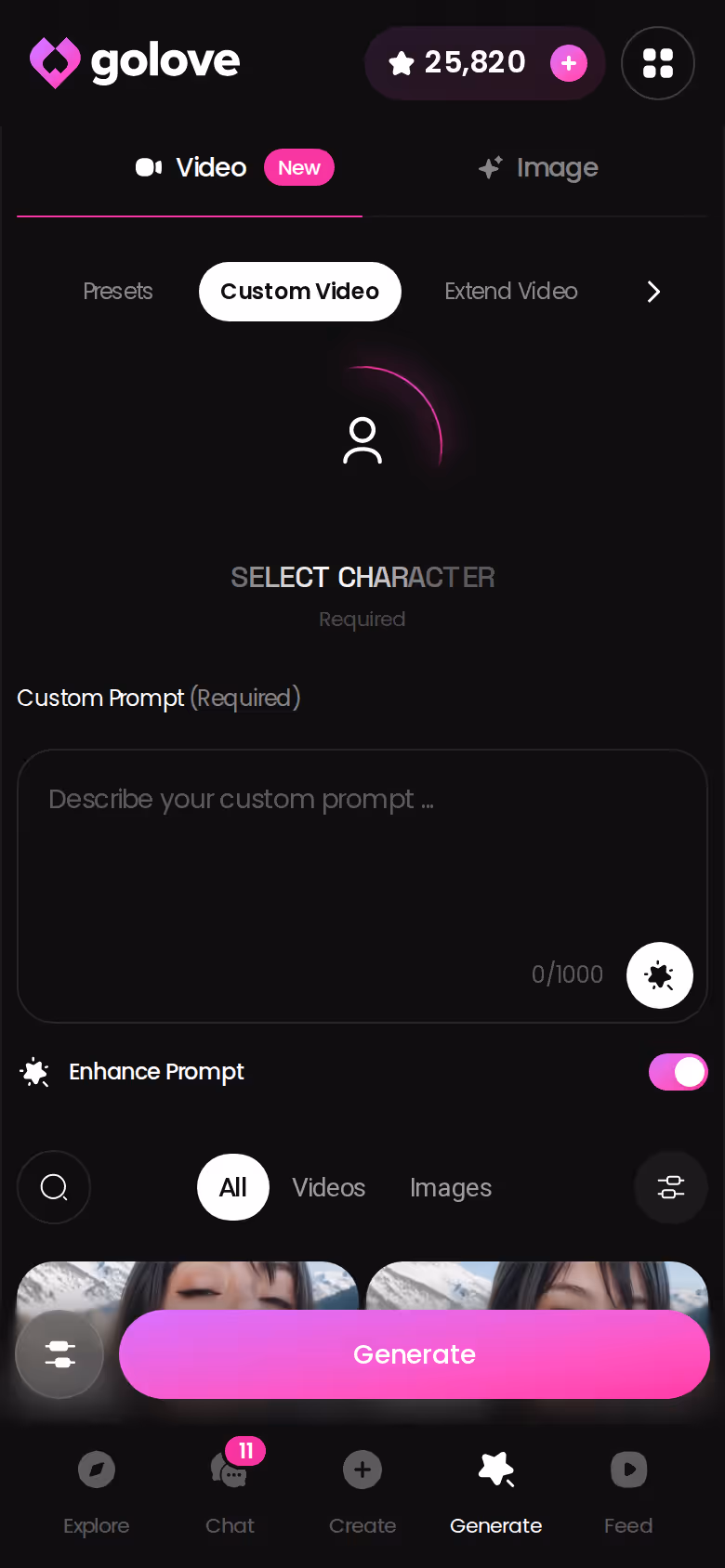 GoLove Custom Video generator on mobile, showing what Stars are spent on