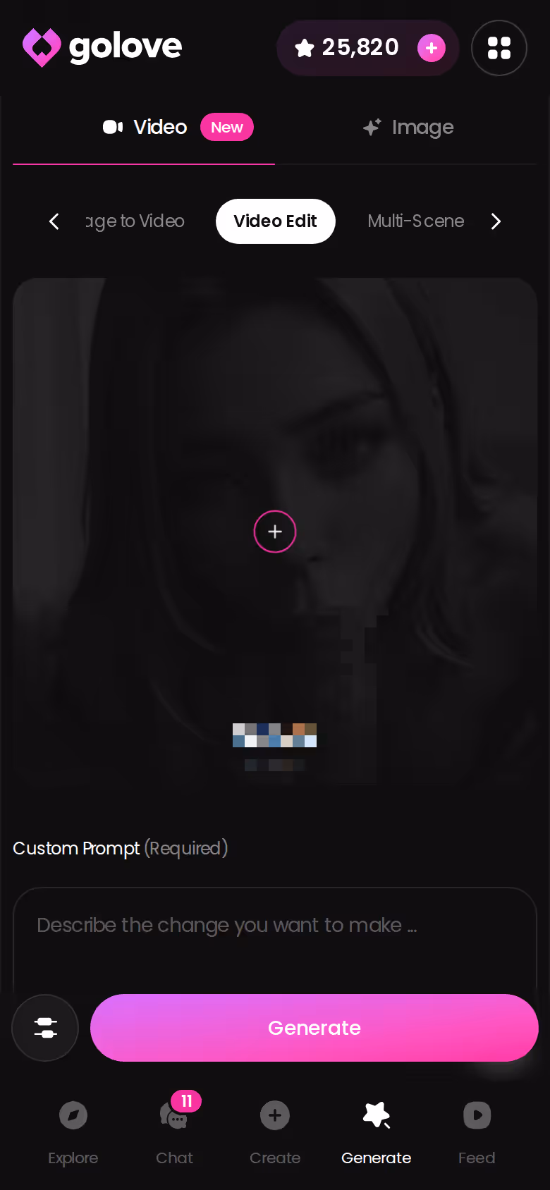 GoLove Video Edit screen on mobile for reworking a generated clip of a character